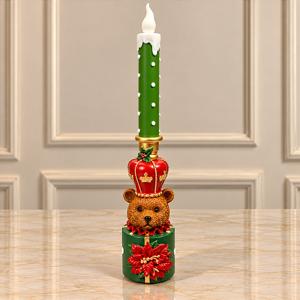 Vela Natalina com Urso e LED em Resina 45 cm – Vermelho, Verde e Dourado
