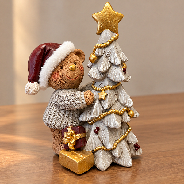 Urso de Natal com Árvore e Presentes em Resina 14 x 11 cm