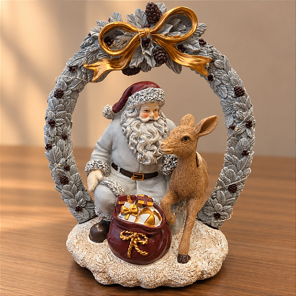 Papai Noel Vintage com Rena e Guirlanda Iluminada em Resina com LED 23 x 20 cm
