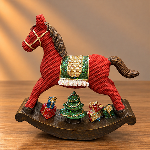 Cavalinho de Balanço Natalino Vermelho com Presentes em Resina – 13 x 12,5 cm