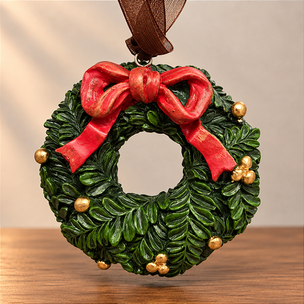 Enfeite de Natal Pendente Guirlanda Verde com Laço Vermelho em Resina – 7,5 x 7,5 cm