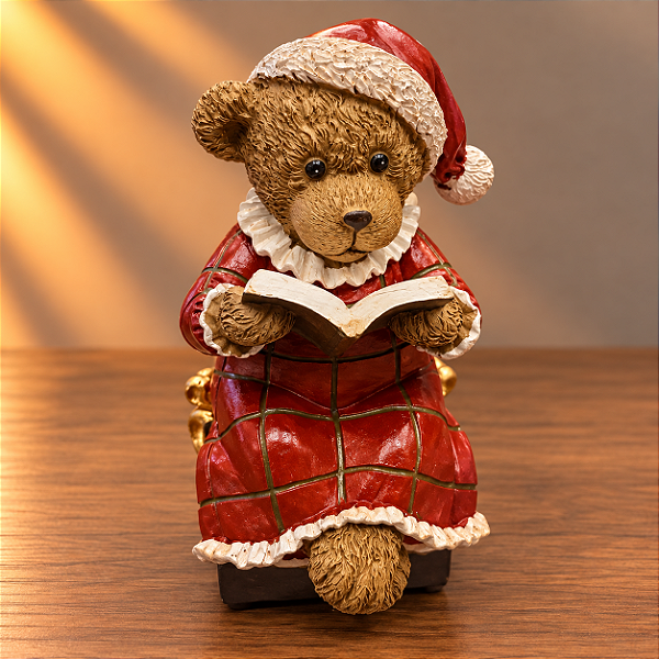 Ursinha Natalina em Resina com Livro e Vestido Vermelho – 13 x 8 cm