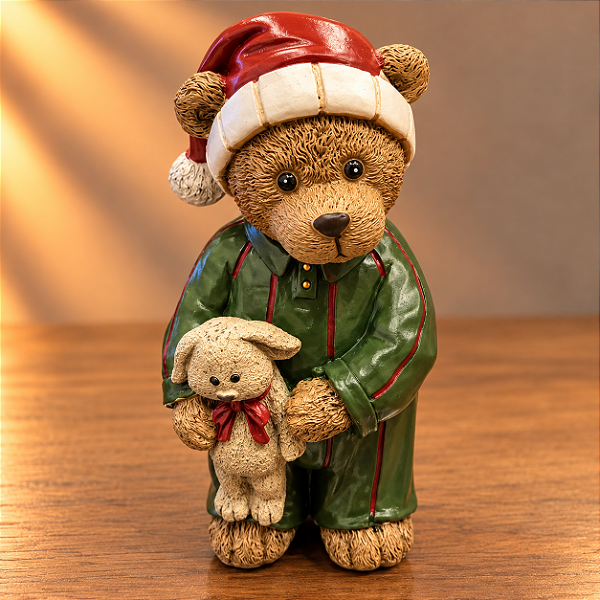 Ursinho Natalino em Resina com Coelhinho – 13 x 8 cm