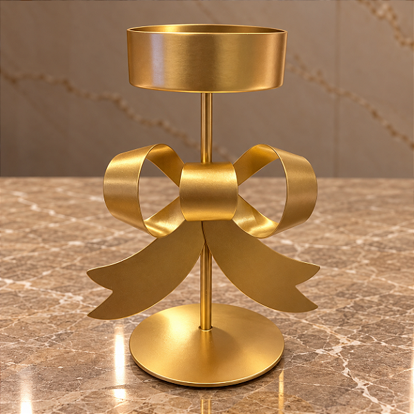 Castiçal Porta-Vela de Metal Dourado com Laço – 18 x 14 x 8 cm