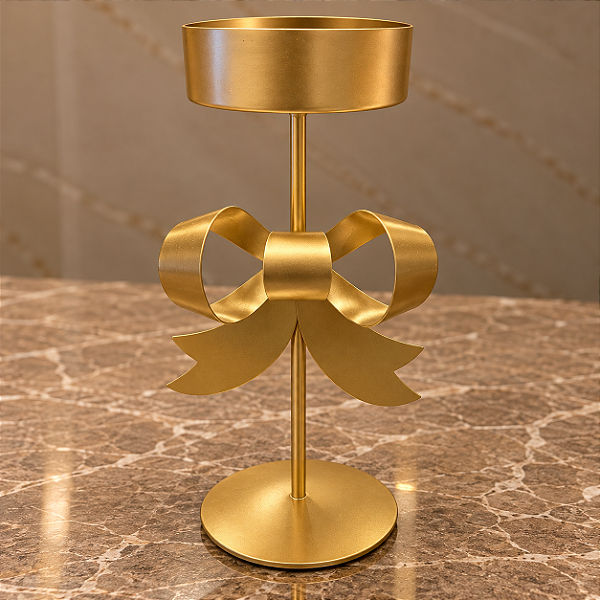 Castiçal Porta-Vela de Metal Dourado com Laço – 27 x 13 x 9 cm