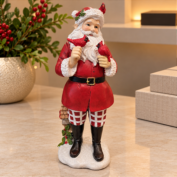 Papai Noel Decorativo em Resina com Cardeais Vermelhos – 36 cm