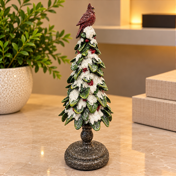 Árvore de Natal Decorativa em Resina com Cardeal Vermelho e Neve – 38 cm