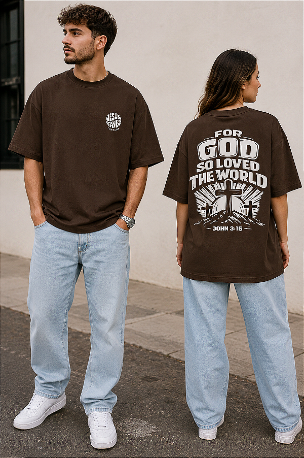 Camiseta Oversized Cristã Jesus Saves Threads – John 3:16 Premium Unissex Marrom