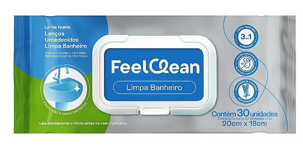 Lenço Umedecido de Limpeza Multis superfícies FeelClean Home Banheiro c/ 30 unidades
