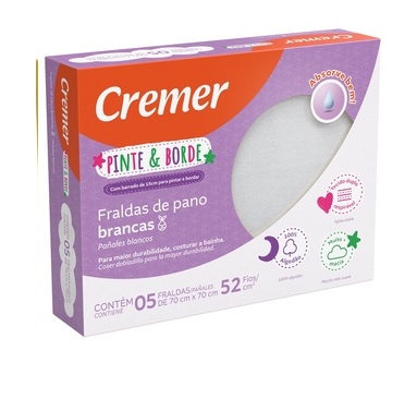 Fralda de Pano Pinte e Borde Branca Cremer Muito Macia Tecido Duplo 100% Algodão 52 fios/cm²