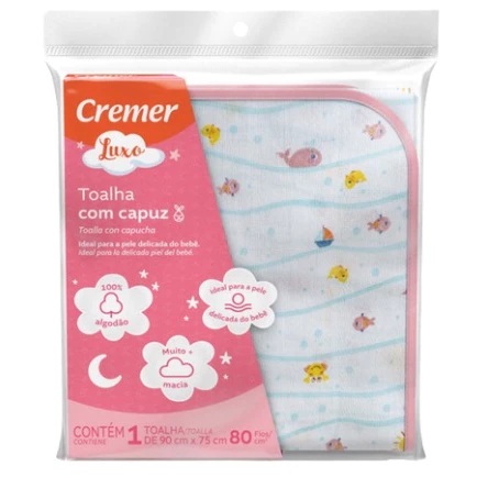 Toalha Fralda Com Capuz Cremer Soft Menina 90cm X 75cm 100% algodão Pós Banho Muito Macia