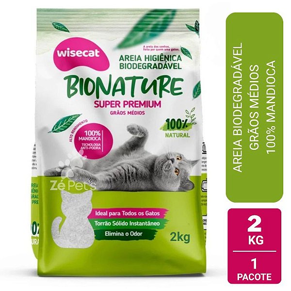 Areia Higiênica Para Gatos Biodegradável Wisecat Super Premium Grãos Médios 2kg