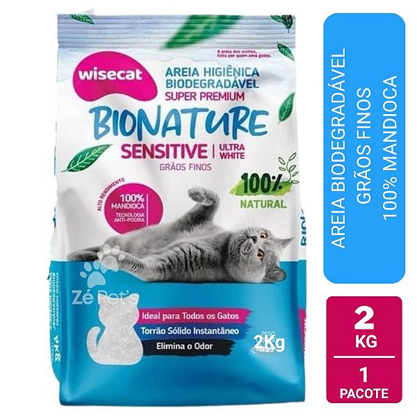 Areia Higiênica Para Gatos 100% Mandioca Biodegradável Wisecat Sensitive Grãos Finos 2kg