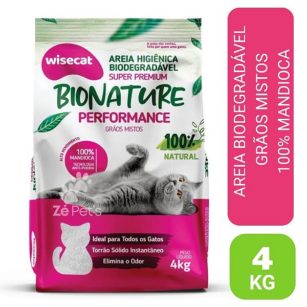 Areia Biodegradável para Gatos Bionature Performance Wisecat Grãos Mistos 4kg