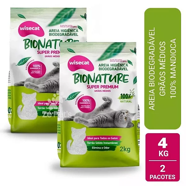 kit 2 Unid AREIA HIGIÊNICA BIODGRADÁVEL WISECAT BIONATURE GRÃOS MÉDIOS – 4KG