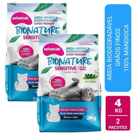 kit 2 Unid Areia Higiênica De Mandioca Para Gatos Wisecat Sensitive Grãos Finos - 4kg