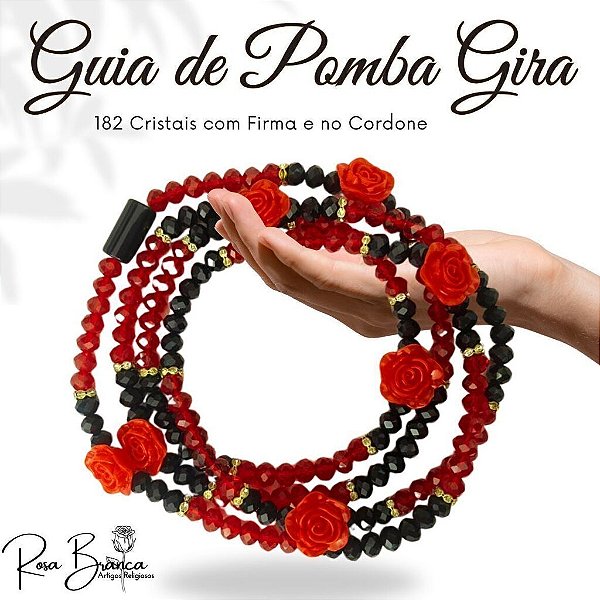 Guia Fio de Contas 65cm Pomba Gira com Rosas e Cristal Preto e Vermelho com Firma
