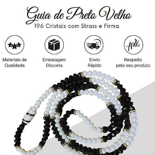 Guia de Preto Velho de Cristal Preta e Branca com 196 Cristais com Firma no Cordone com 65 cm