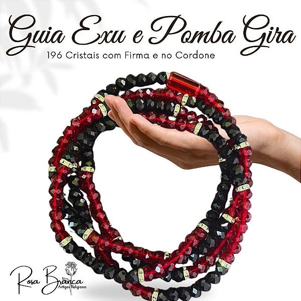 Fio de Conta Guia de Exú e Pomba Gira de Cristal Vermelho e Preto 196 Cristais com 65cm e Firma