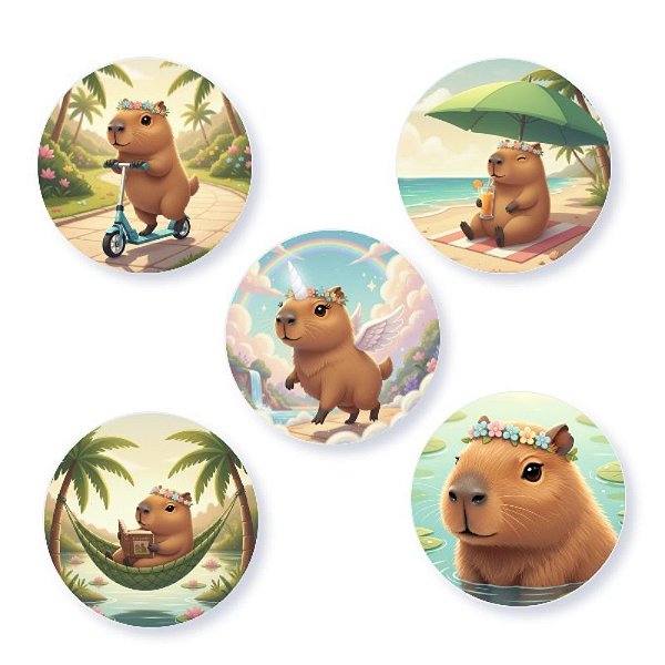 Kit 5 Bottons Capivara Colecionáveis 4,5cm Botton Fofo