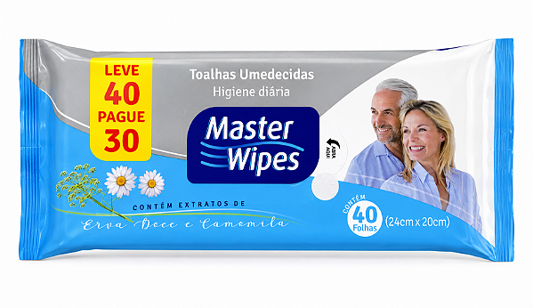 Toalha Umedecida Adulto Master Wipes com 40 folhas Hygieline