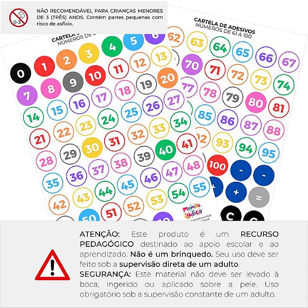 Cartela Adesivos Números 0 a 100 e Sinais Matemáticos (122 adesivos)