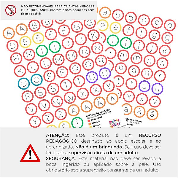 Kit 2 Cartelas Adesivos Alfabeto Letra Bastão Maiúscula e Minúscula (130 adesivos)