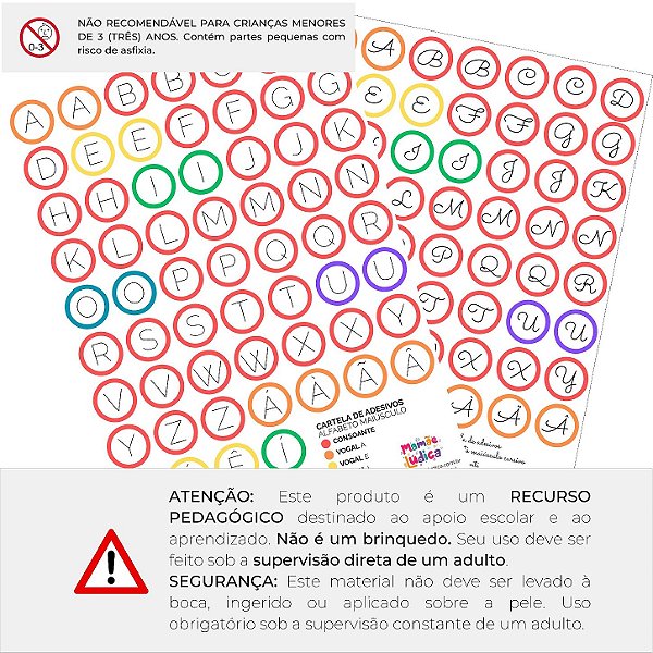 Kit 2 Cartelas Adesivos Alfabeto Letra Bastão e Cursiva Maiúscula (130 adesivos)