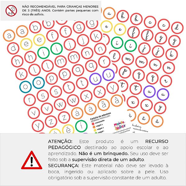Kit 2 Cartelas Adesivos Alfabeto Letra Bastão e Cursiva Minúscula (130 adesivos)