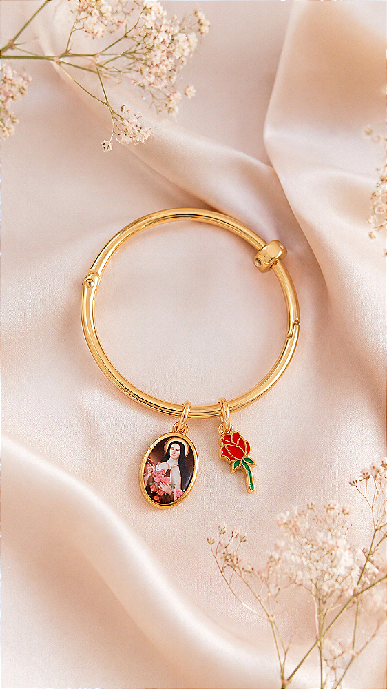 Bracelete Dourado Santa Terezinha com Rosa