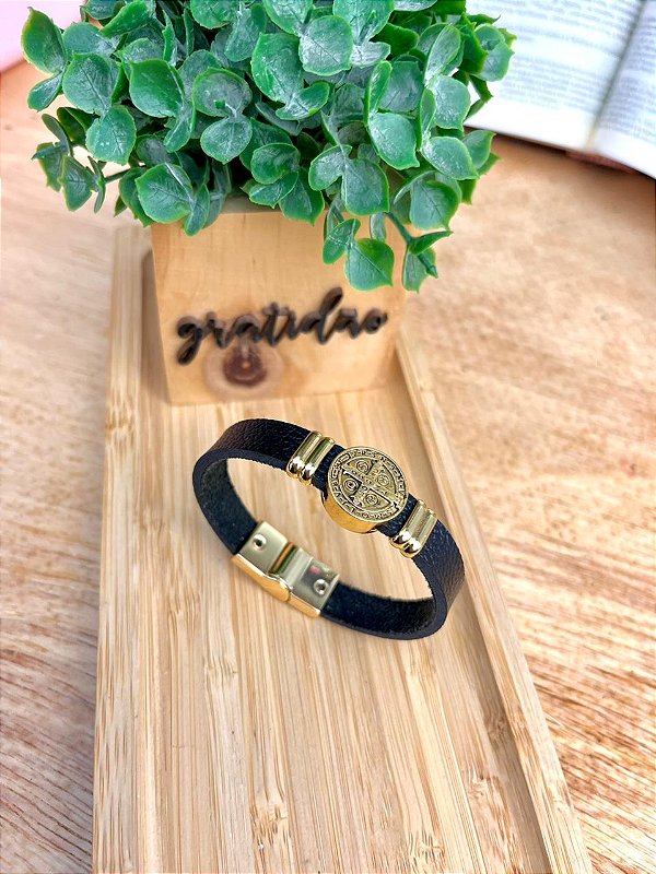 Pulseira em Couro Sintético com Medalha São Bento