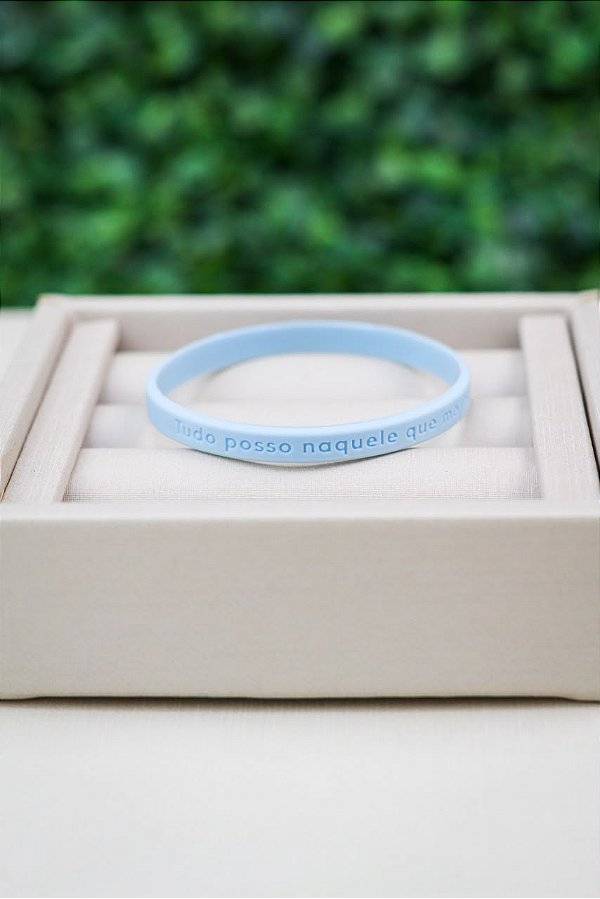Pulseira Silicone Fina Azul Bebê - "Tudo posso naquele que me fortalece"
