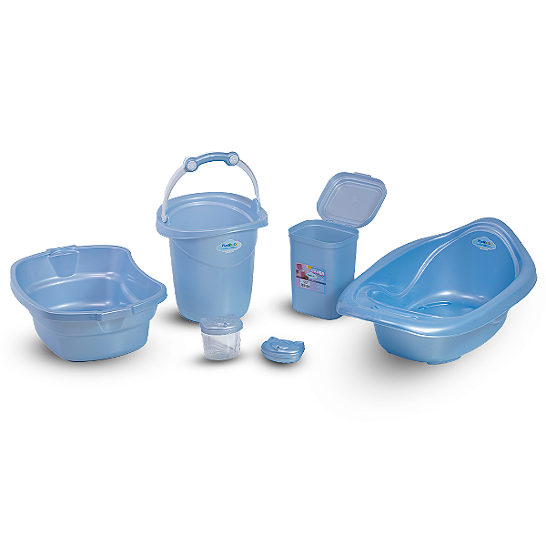 Kit Bebê Banho 6 Pçs Banheira + Balde + Lixeira + Cesto + Saboneteira + Porta Cotonete