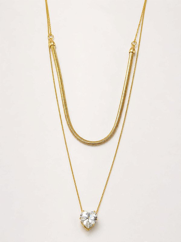 Colar Duplo Dourado com Pingente Coração Zircônia