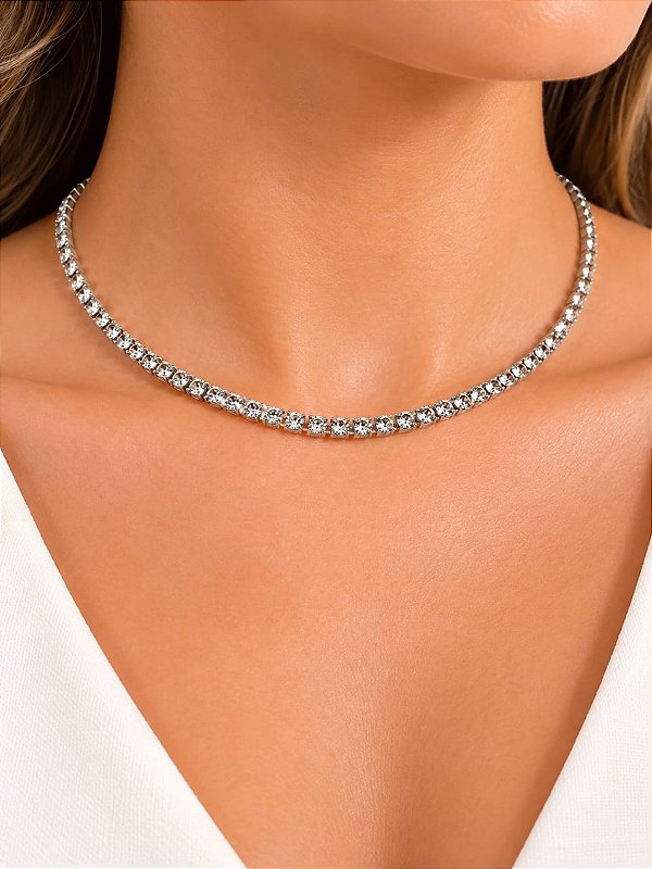 Colar Choker Riviera Feminino Folheado Prateado