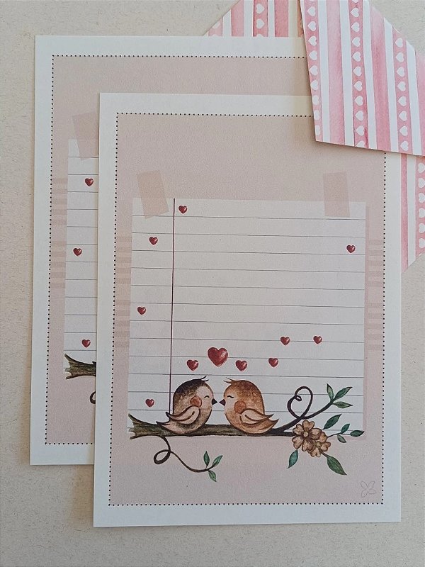 Coleção de Papéis de Carta MEU AMOR É TODINHO SEU com Envelope 04 unidades | PÁSSAROS & CARTINHA
