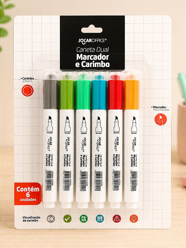 Caneta Dual Marcador E Carimbo Jocar Office 6 CORES