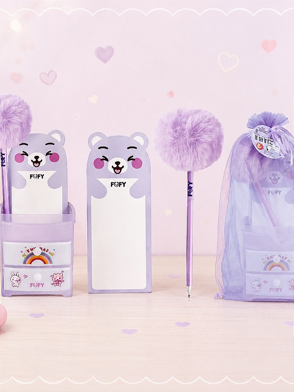 KIT DE ANOTAÇÃO/PORTA CANETA - LILAC BEAR - FOFY
