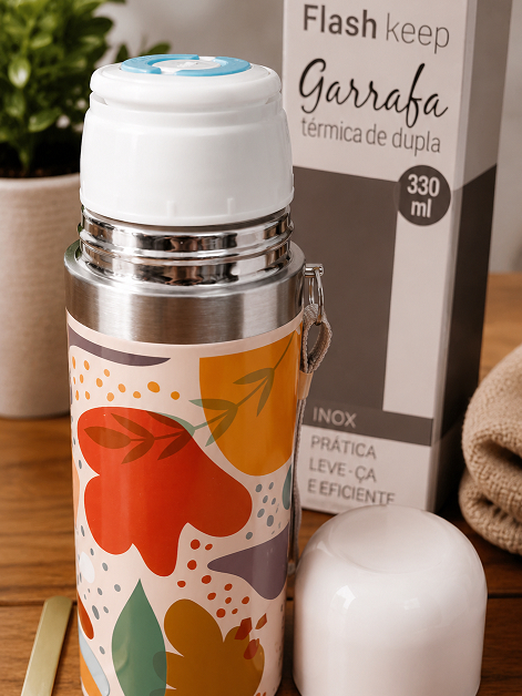 Garrafa Térmica Inox 330ml – Estampa Floral | Parede Dupla | Conserva Quente e Frio