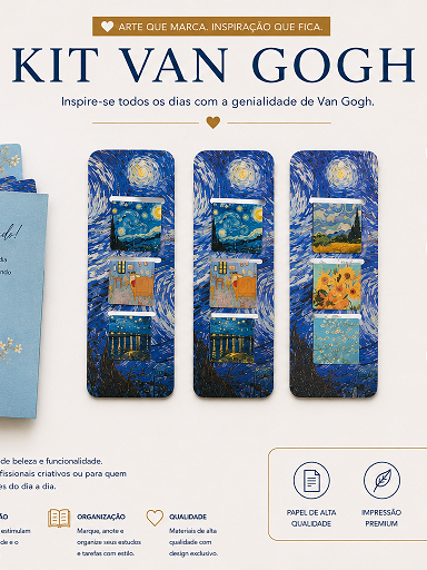 KIT VAN GOGH : 3 MARCADORES MAGNÉTICOS E 8 POST-IT + 1 CAIXINHA DE CARTÃO DE AGRADECIMENTO