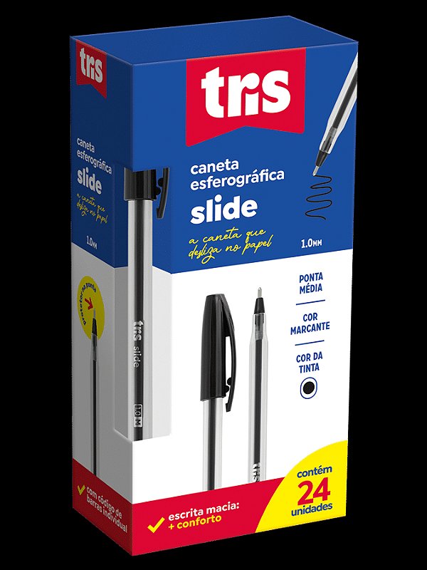 KIT COM 5 Canetas Esferográficas Slide – AZUL, PRETA, VERMELHA – 1.0mm - TRIS