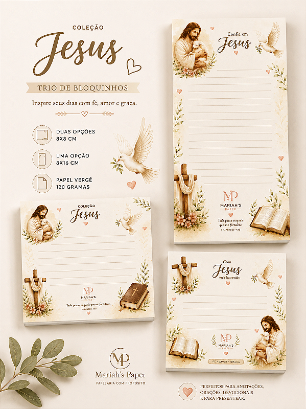 Trio de Bloquinhos Jesus–Papelaria Cristã para Anotações e Devocional