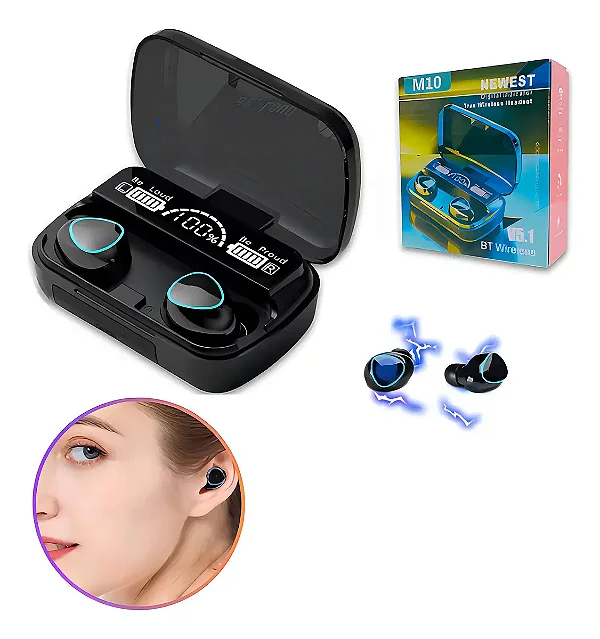 Fone Bluetooth M10 Preto Sem Fio Visor Digital Compatível Android iPhone