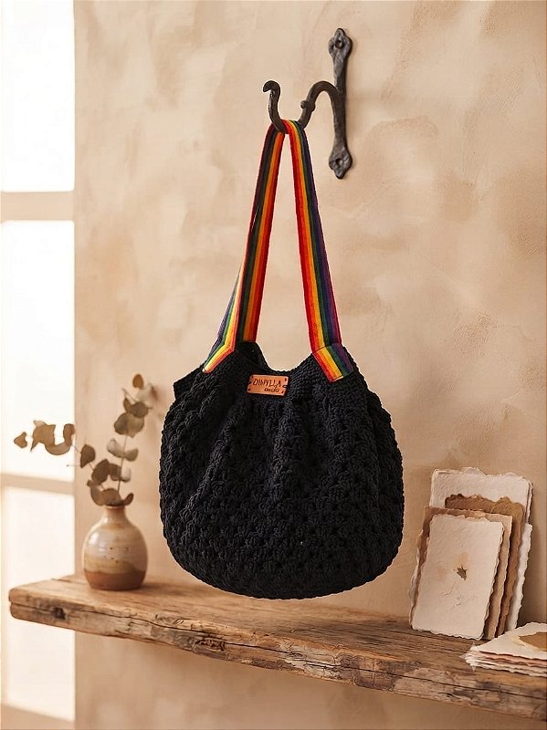 Ecobag de Crochê Preta com Alça Colorida