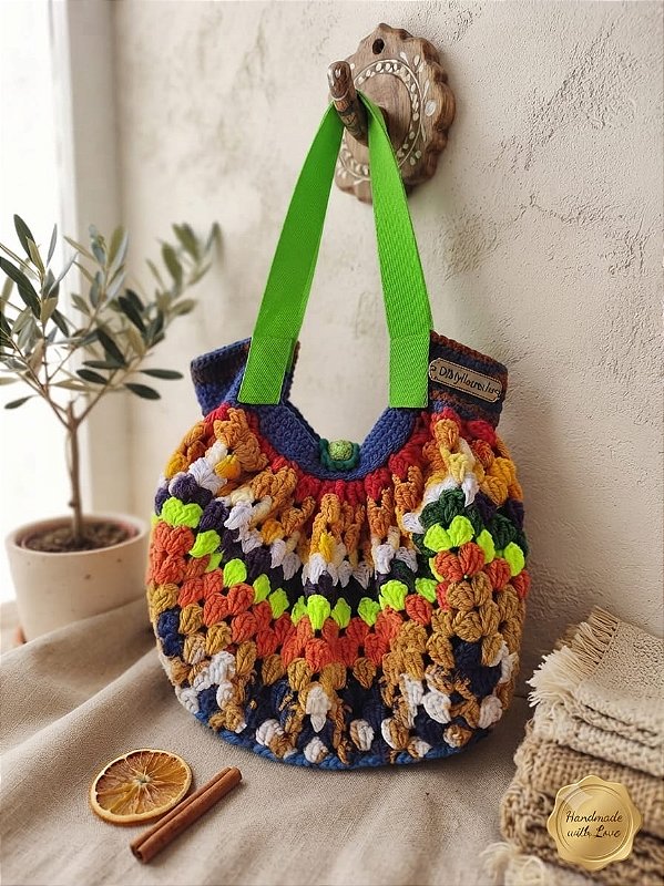 Ecobag Eva de Crochê Colorida com Alças Verdes