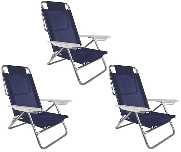 kit com 3 Cadeiras de praia Reclinável Alumínio Summer 6 Posições Mor Azul