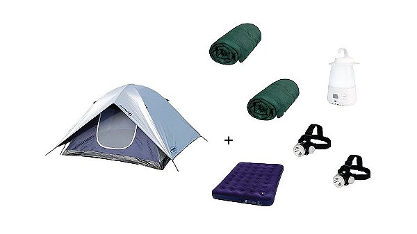 KIT  Barraca Luna 4 P+ 2 Sacos  Dormir+ 2 Lant de Cabç+1 Lumin Portátil Recarreg +1Colchão Multiuso casal com fole