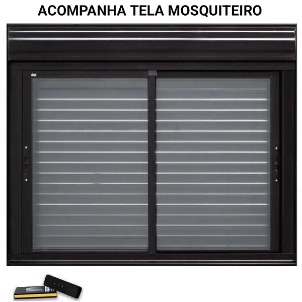 Janela com persiana integrada alumínio preto 2 folhas móveis acionamento por controle remoto com tela mosquiteiro - jap caribe max