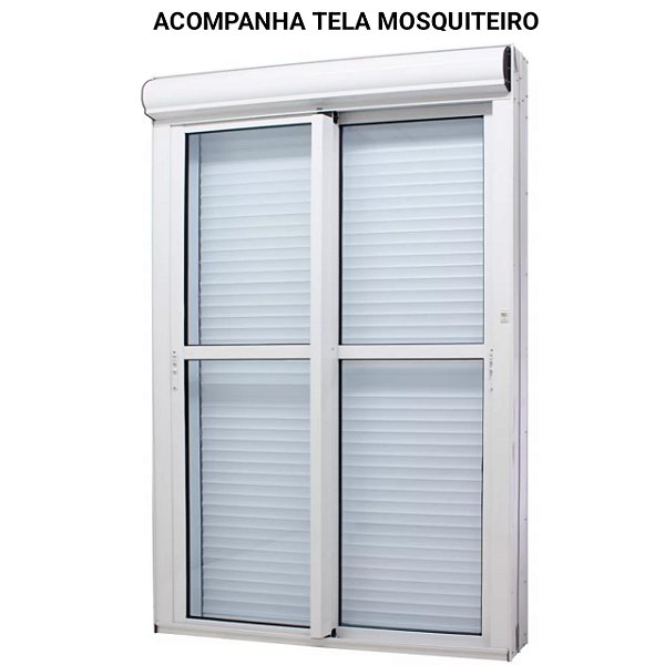 Porta com persiana integrada alumínio branco 2 folhas móveis com fecho concha acionamento por interruptor com tela mosquiteiro - jap caribe max