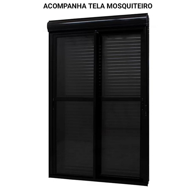 Porta com persiana integrada alumínio preto 2 folhas móveis com fecho concha acionamento manual com tela mosquiteiro - jap caribe max